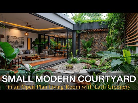 A Small Modern Tropical Courtyard Garden in the Center of an Open Plan Living Room & Lush Greenery