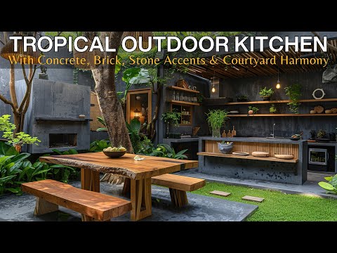 A Modern Tropical Outdoor Kitchen Dining Area with Brick Concrete, Stone Accents & Courtyard Harmony